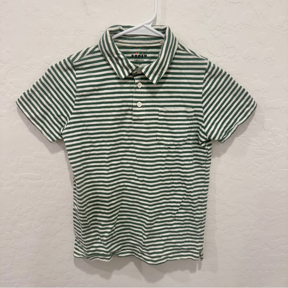 Mini Boden Striped Polo Shirt Boys 11-12 Years Green White Short Sleeve Spring - Picture 1 of 6